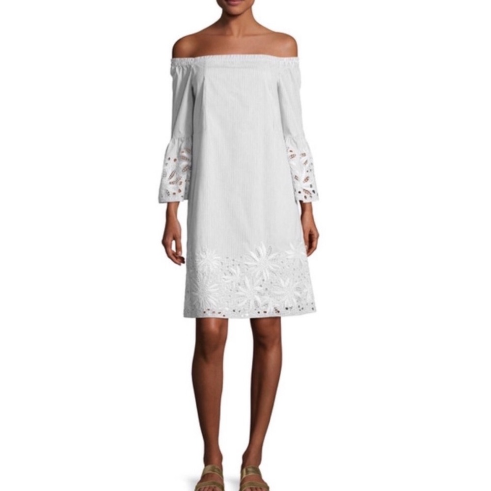 Lafayette 148 Off the Shoulder Dress Grey
White Stripe Eyelet Lace size Small